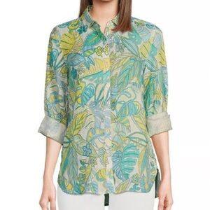 J McLaughlin Women’s Linen Shirt Aqua Yellow Tropical Print Button Down NWT $188
